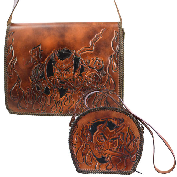 Handtasche Umhängetasche Echtleder von Hand produziert Teufel Devil Rockabilly