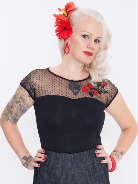 Queen Kerosin Damen T-shirt Netz Roses Stickerei Oberteil Frauen Rockabilly 5054