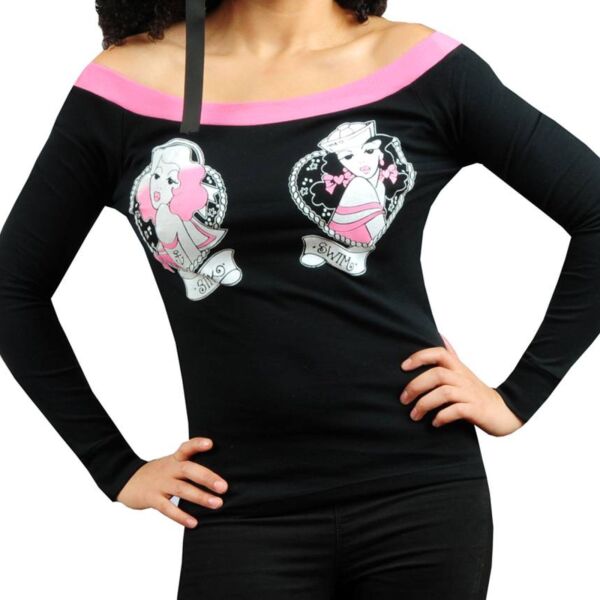 Too Fast Damen Lonsleeve Sink Swim Schwarz | Rosa Tattoo Pin Up 7005