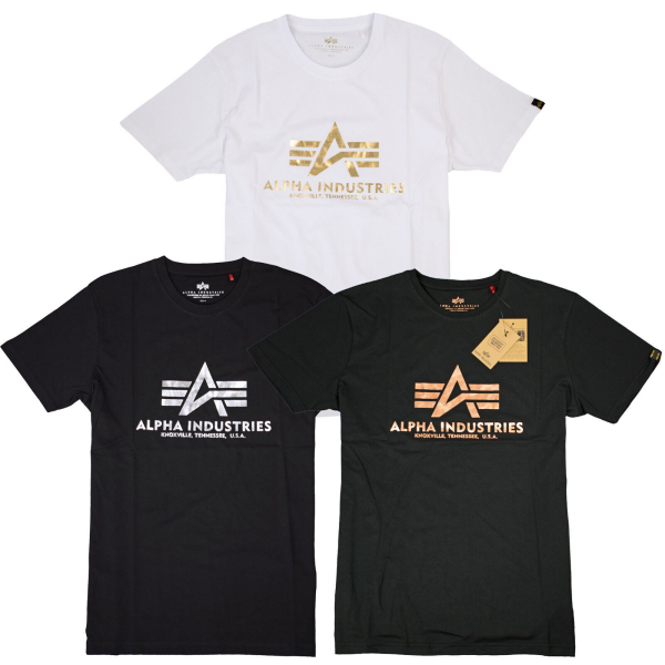Alpha Industries Basic T Foil Print 100501FP Herren T-Shirt Gold Silber Metallic
