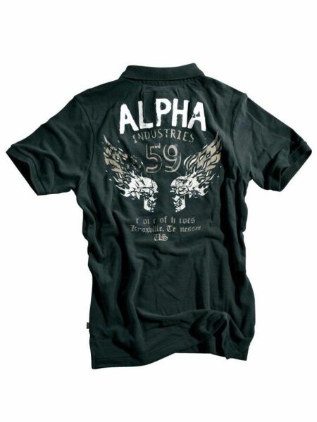 Alpha Industries Polo Shirt Burning Skull Grey Black Polo mit Applikationen 5324