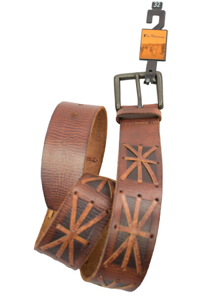 Ben Sherman Herren Leder Gürtel Braun UK Flag Muster Echtleder 5440